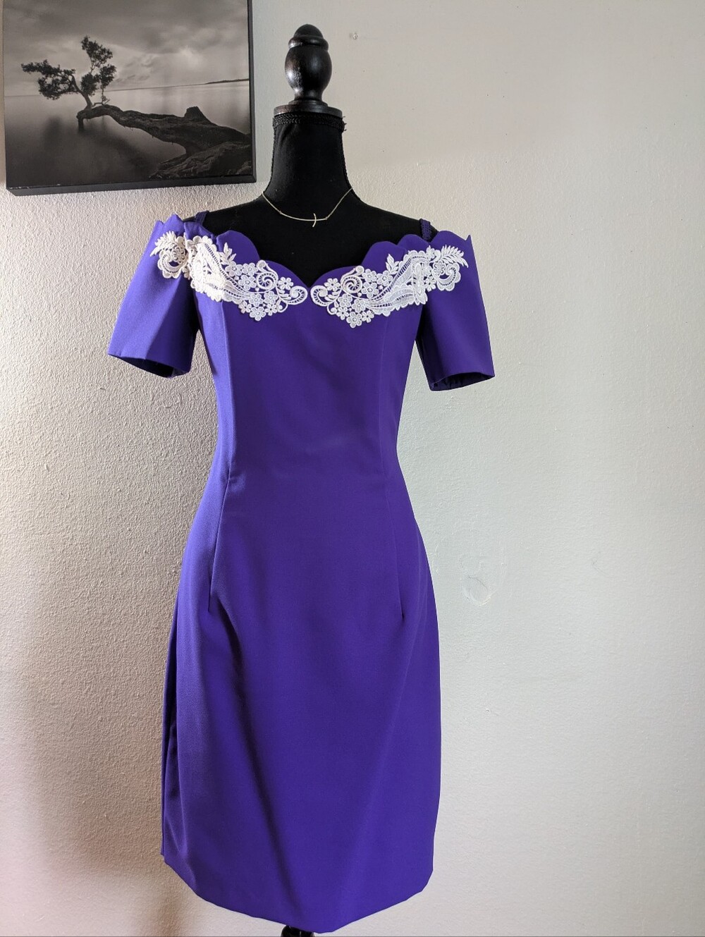 ​Vintage Hollywood Nites Royal Purple Scalloped Lace Off-Shoulder Dress Size 14